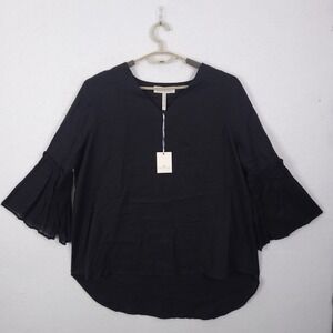Crown Linen Designs Bell Sleeve Top Women XL Black Linen Split Neck High Low New